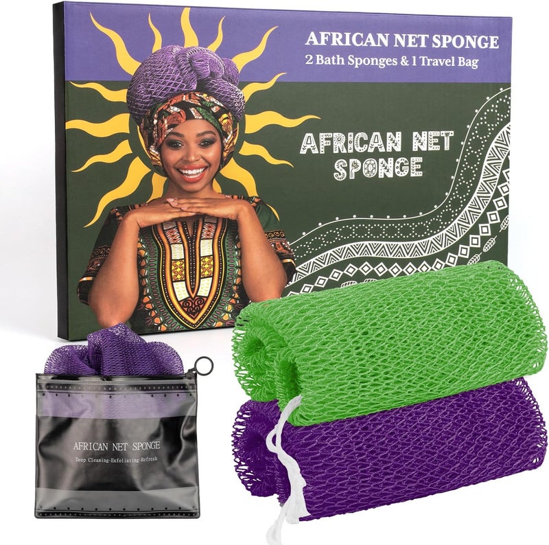 Bathway African Net Sponge Authentic with Handles (Set of 2), African Exfoliating Net Sponge, Exfoliating Body Scrubber Bath Sponge - Bathing Accessories with Storage Bag (Purple & Green) - Image 1